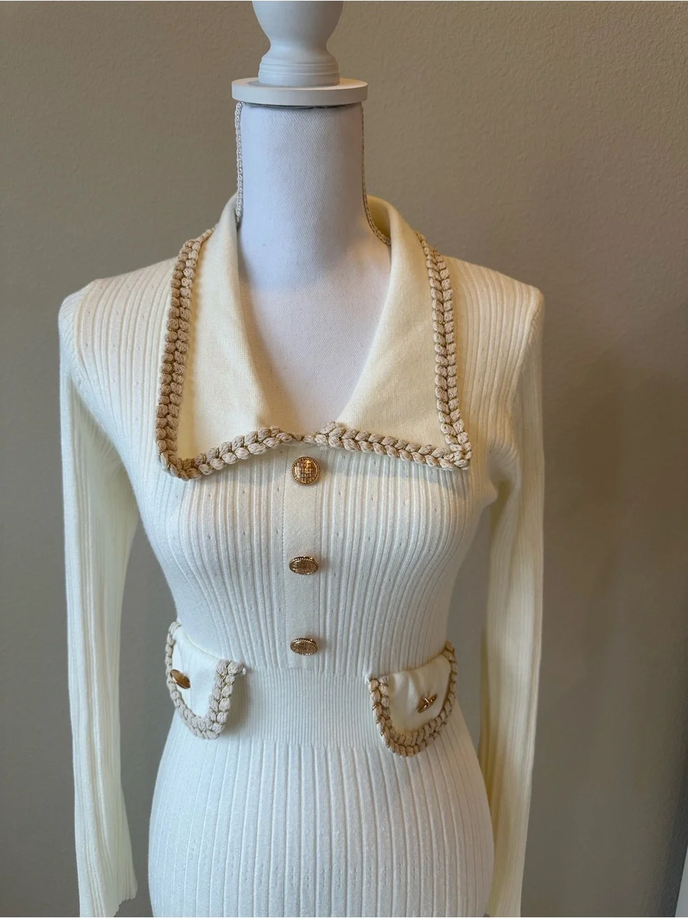 Cream Long-Sleeve Ribbed Knit Dress with Gold-Trim Collar - Picture 2 of 4